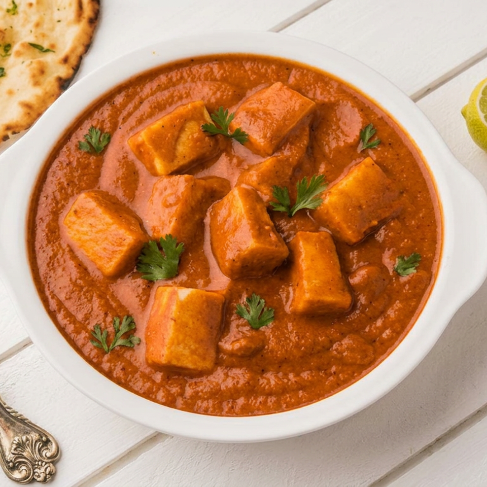 Bowl of creamy orange paneer curry garnished with cilantro, served with naan, lime, and a spoon on a white wooden table.