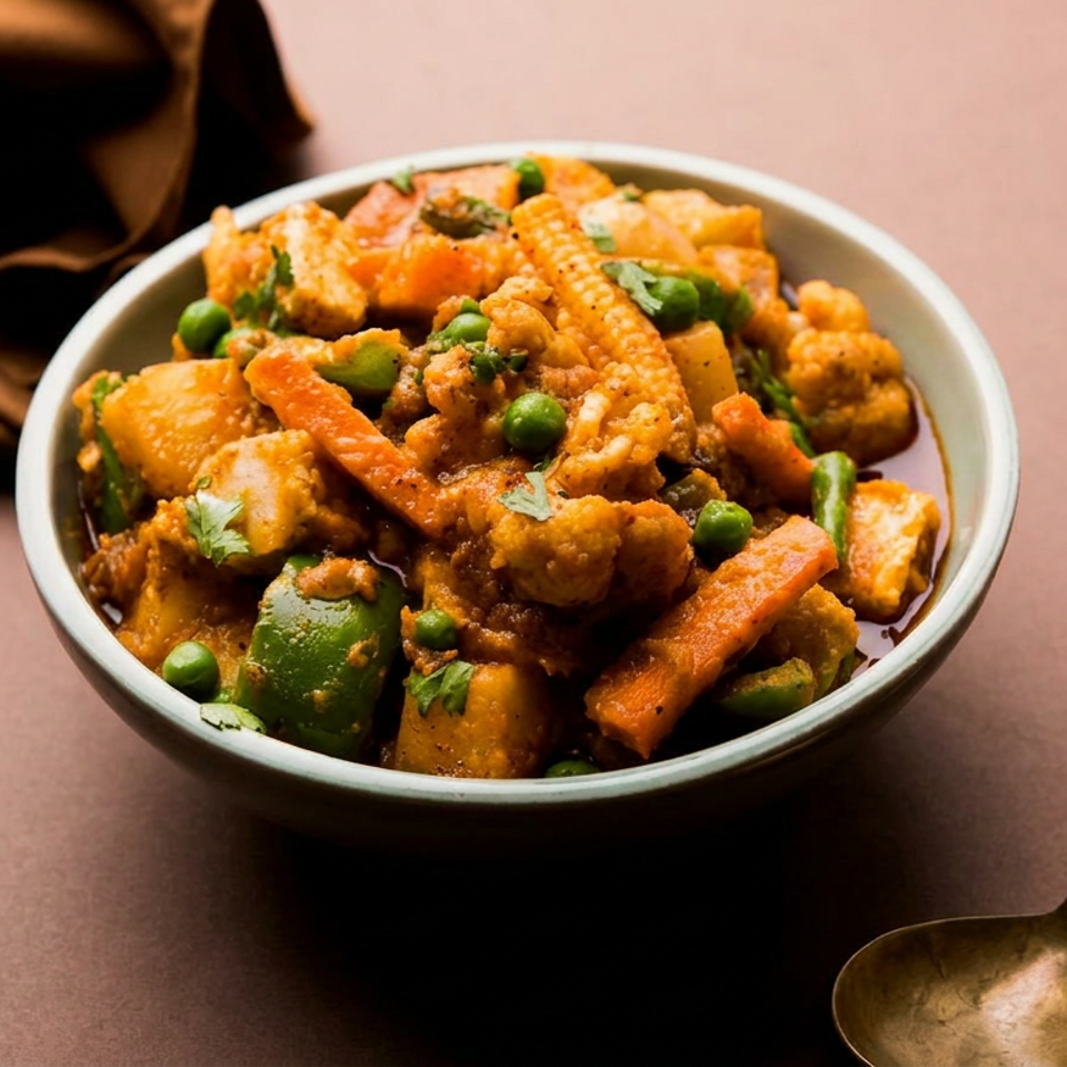 Bowl of colorful vegetable curry with peas, carrots, cauliflower, and potatoes, garnished with cilantro beside a decorative spoon.