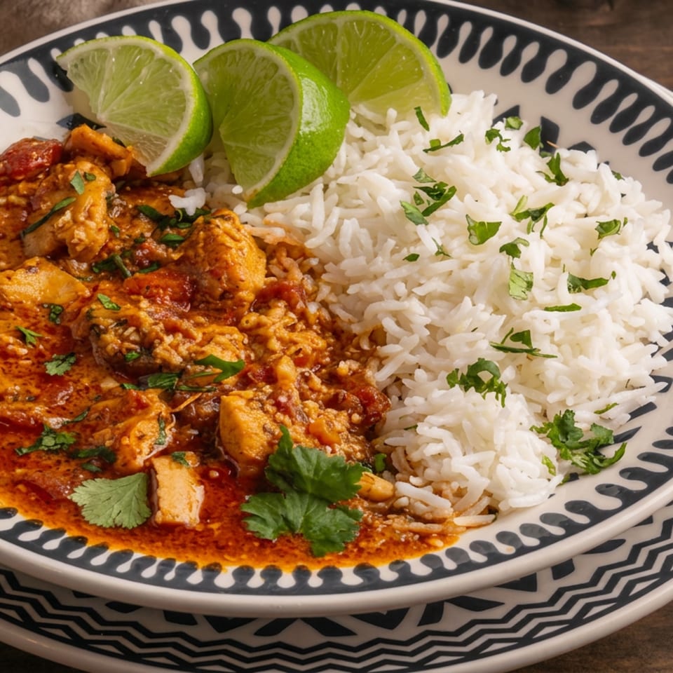 Spiced chicken curry with basmati rice, cilantro, and lime wedges served on a patterned plate atop a rustic wooden table.