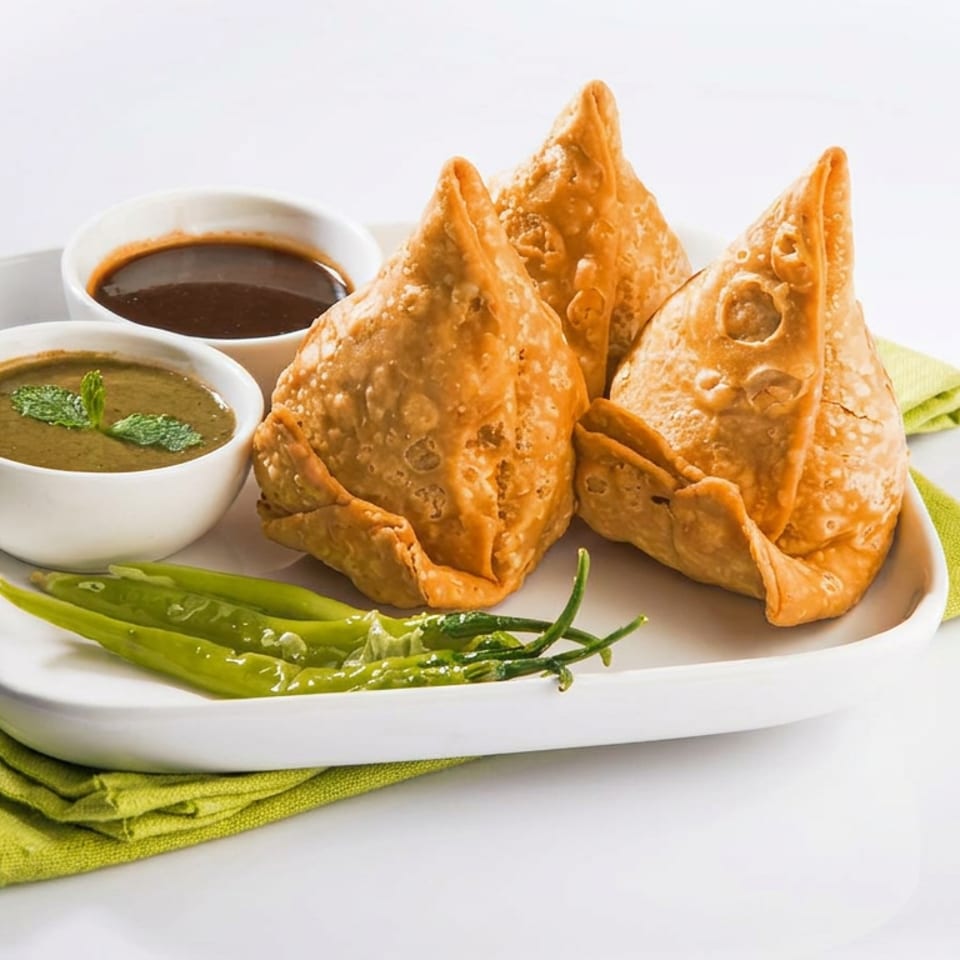 Three crispy samosas served with mint and tamarind chutneys, green chilies, and a folded lime-green napkin.
