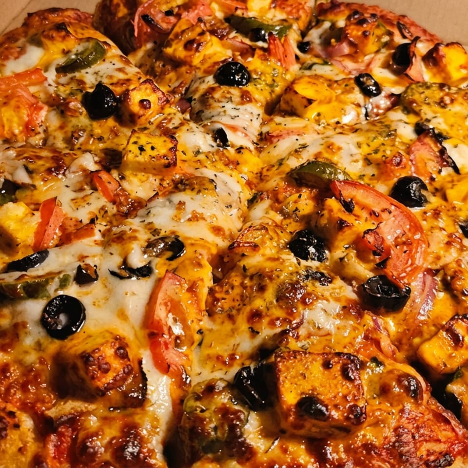 Close-up of a thick, cheese-covered pizza topped with paneer, tomatoes, green peppers, black olives, and herbs in a cardboard box.