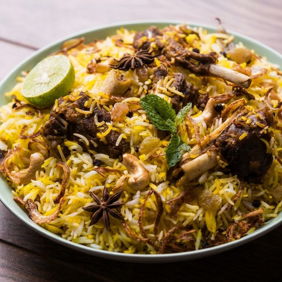 Plate of aromatic biryani with spiced rice, meat, cashews, mint, fried onions, star anise, and lime on a wooden table.