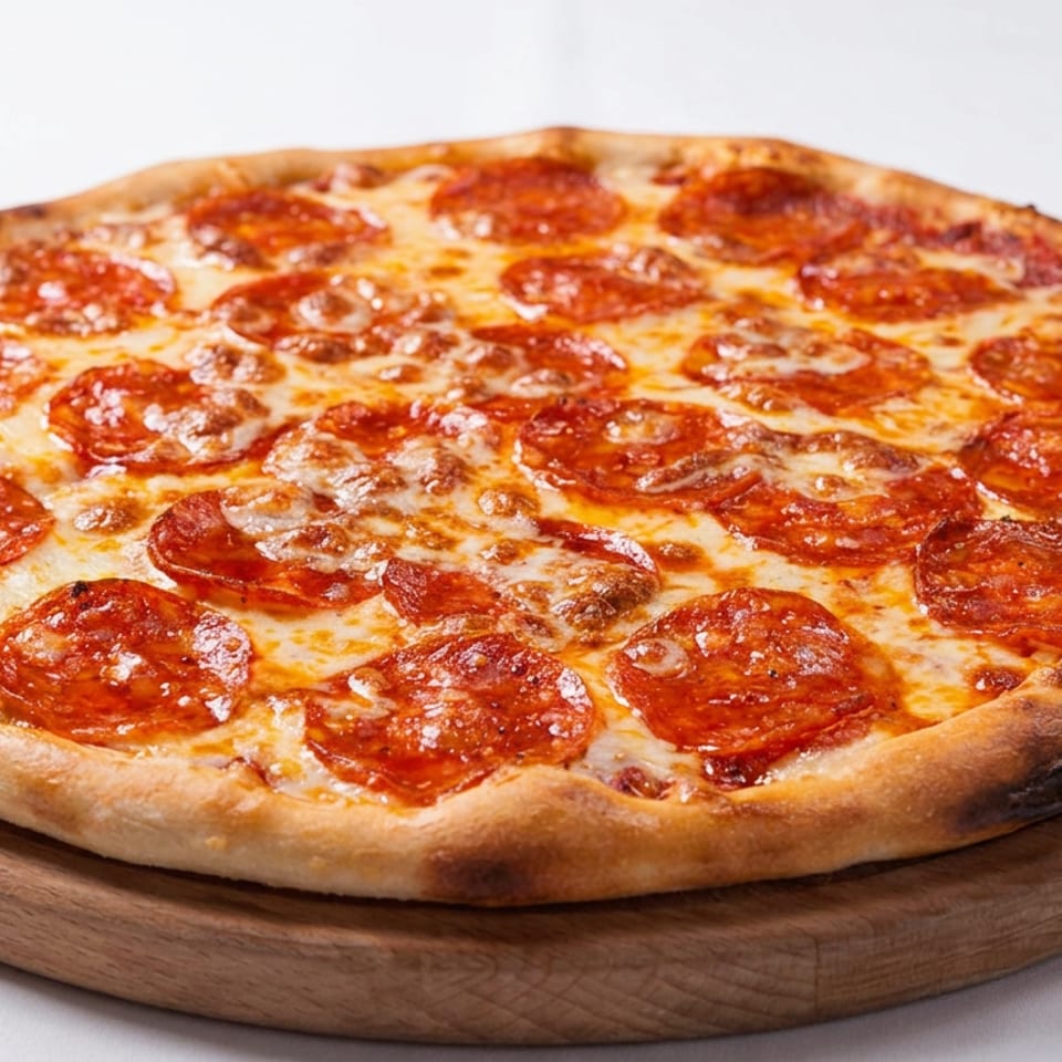 Whole pepperoni pizza with melted cheese and a golden crust on a round wooden serving board.