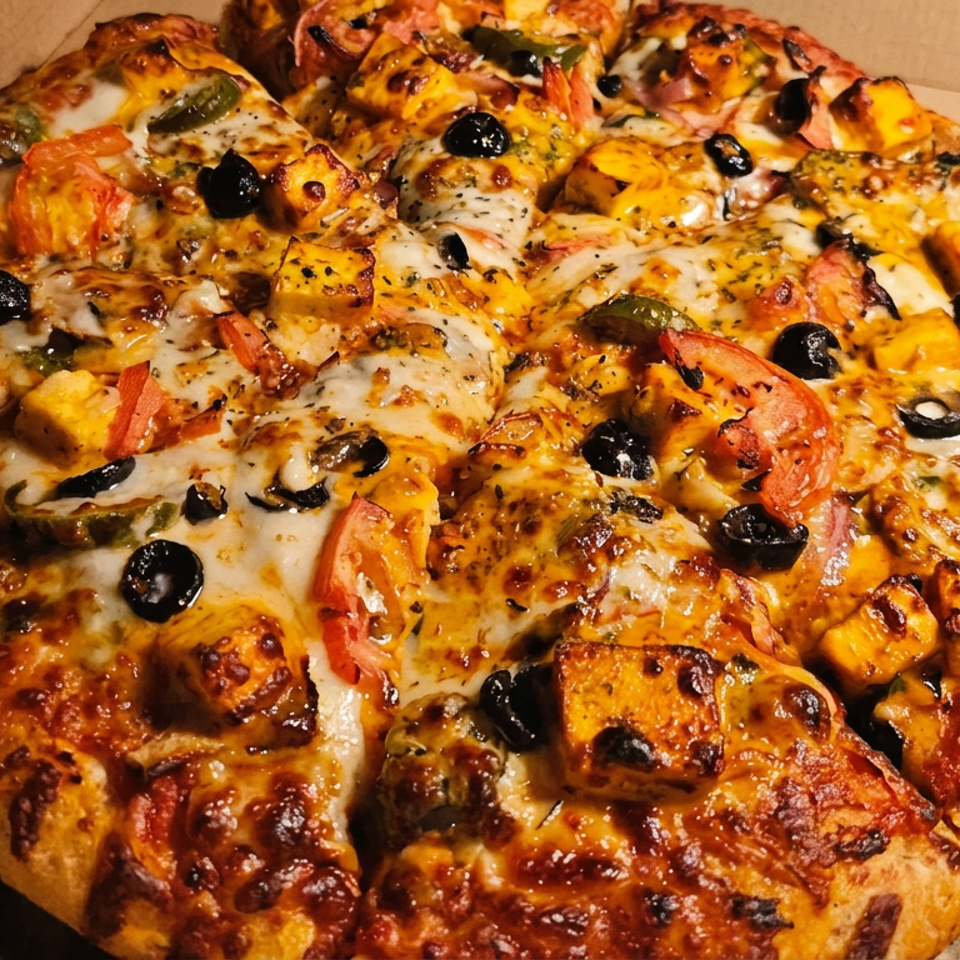 Loaded square pizza with melted cheese, black olives, tomatoes, peppers, mushrooms, and roasted vegetables in a cardboard box.
