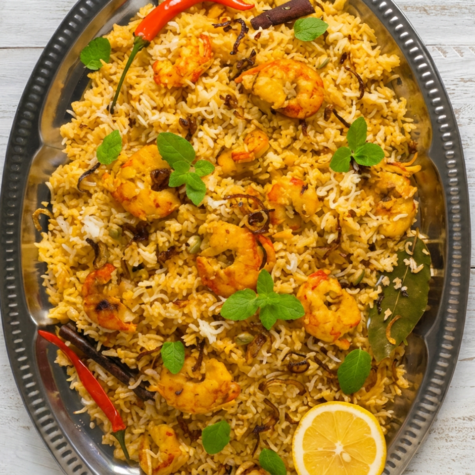 Overhead view of shrimp biryani with spiced rice, mint leaves, red chilies, cinnamon, and lemon on a serving platter.