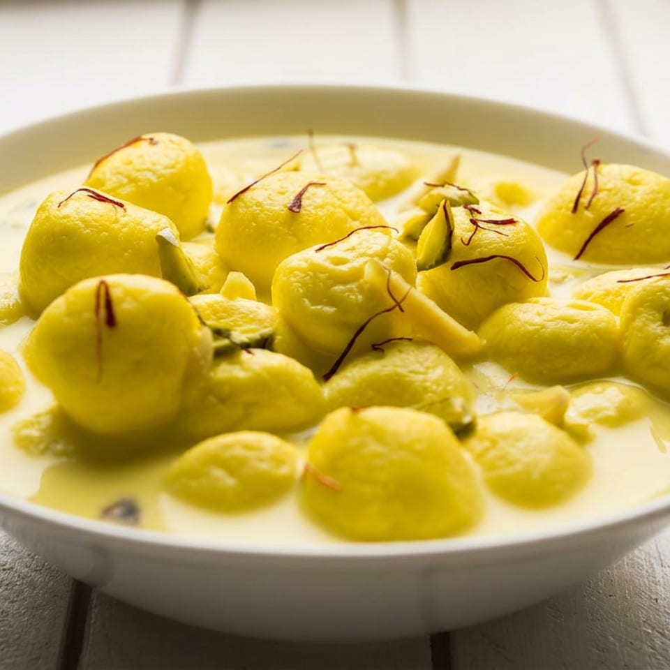 Bowl of yellow Indian dumplings in creamy saffron sauce, garnished with saffron threads and pistachios.