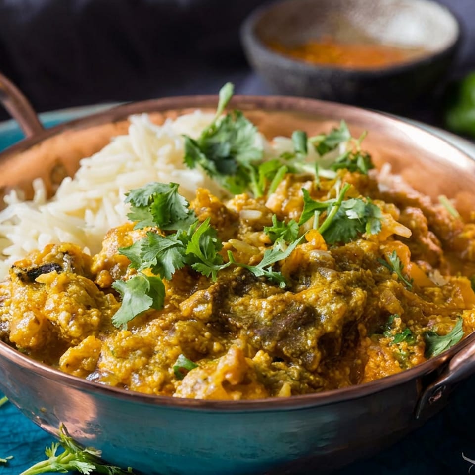 Copper serving bowl filled with creamy spiced curry, white rice, and cilantro on a turquoise plate, with chili and sauce behind.