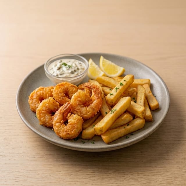 Shrimp, Fries & Soft Drink.