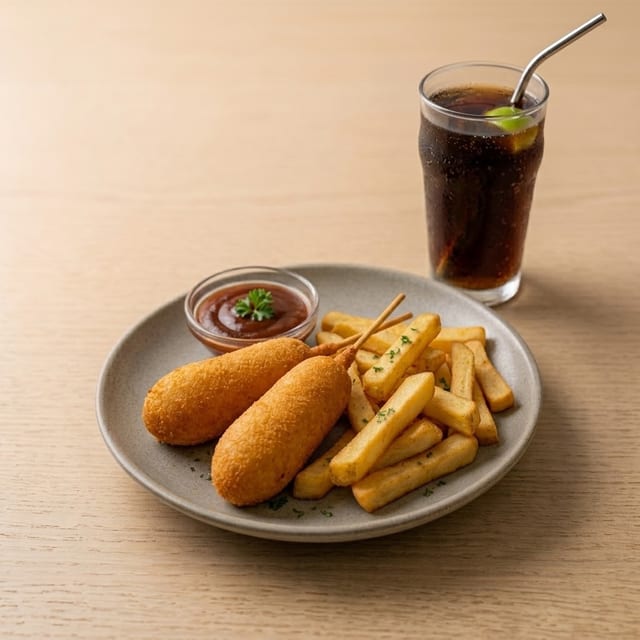 Chicken Corn Dogs, Fries & Soft Drink.